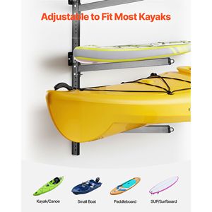 Supporto per 4 kayak resistente, capacità di carico fino a 136 kg, regolabile, da parete, per garage, capanno e molo, per interni ed esterni - Product Image 3
