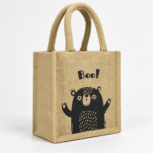 Sac fourre-tout en jute PP naturel avec imprimé ours BOO, 20x20x10 cm, poignée en ruban de coton tressé, logo personnalisé, vente en gros, OEM, marque privée, sacs cadeaux - Product Image 6
