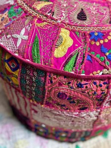 Boho Patchwork Round Pouf Cover Handmade Embroidered ottoman Floor Cushion Seating - Product Image 2