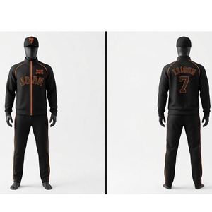 Ensemble d'entraînement de baseball pour hommes en polyester premium 220 GSM, veste zippée intégrale noire avec passepoil orange et pantalon de survêtement, personnalisable avec logo pour équipe - Product Image 1