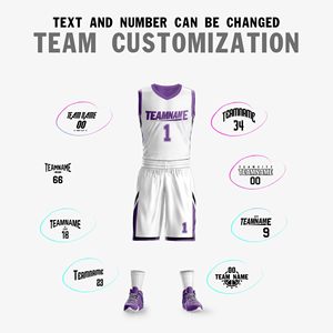 Ensemble de maillots de basket-ball personnalisés blancs et violets, col en V, sans manches, uniforme en polyester sublimé, adulte unisexe, toutes saisons - Product Image 3