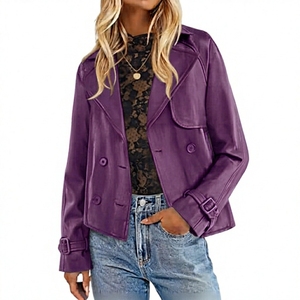 Chaqueta de moto de cuero PU negra para mujer, con doble botonadura, cuello vuelto, manga larga, para otoño - Product Image 3