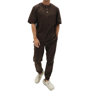 Unisex <b>Brown</b> Scrub Set Spandex/Polyester Woven Hospital Uniforms Pockets Button Neck Design High Quality Needle Detection - Product Image 1