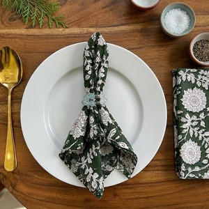 Ensemble de serviettes en tissu imprimé en coton faites à la main, 3 pièces, vert et blanc, motif floral, décoration de table traditionnelle - Product Image 3