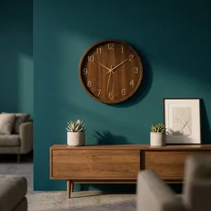 Horloge murale silencieuse, finition bois, horloge analogique, chiffres dorés, mouvement à quartz, horloge murale décorative moderne pour salon, chambre à coucher - Product Image 6