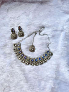 고급 4 피스 인도 웨딩 파티 쥬얼리 세트 아시아 신부 목걸이 귀걸이 크리스탈 스톤 보석 골드 빈티지 골동품 - Product Image 4