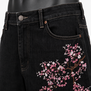 Shorts en jean noirs personnalisés pour hommes, brodés de fleurs, style Bermuda, baggy, streetwear - Product Image 6