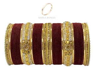 Premium Quality Wine <b>Red</b> Bridal Bangle Set with Designer Gold Plated Bangles and Velvet Finish for Women at Wholesale Price - Product Image 3