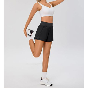 Shorts de sport classiques noirs 2 en 1 pour femmes, en polyester, taille haute, avec poche pour téléphone, bas de sport athlétiques - Product Image 4