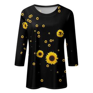 เสื้อยืดลำลองฤดูร้อนสำหรับผู้หญิงไซส์ใหญ่ ลายดอกไม้ แขน 3/4 คอกลม ผ้าโพลีเอสเตอร์ผสมสแปนเด็กซ์ ผ้าถักกันยับ - Product Image 3