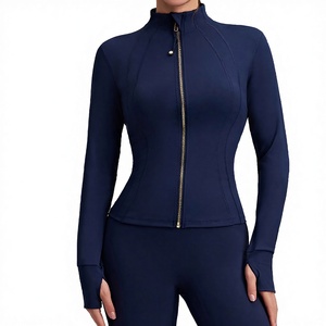 <b>Women's</b> Long Sleeve Mock Neck Zip Up Yoga <b>Jacket</b> Thumbhole Seamless Active Stretch Top <b>Navy</b> - Product Image 4