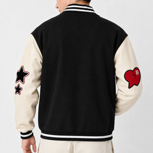 SINEWY SPORTS <b>Men's</b> Varsity <b>Jacket</b> Black Beige Embroidered <b>Letter</b> D Palm Tree Stars Heart Patch Casual Streetwear Outerwear - Product Image 4
