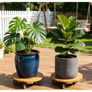 Set di 2 Supporti per Piante in Legno Naturale con 4 Ruote, Carrello Portatile Robusto per Vasi da Giardino e Carrelli da Trasporto - Product Image 1