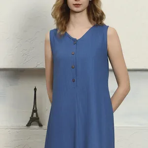 <b>Bohemian</b> Blue Cotton Linen Midi <b>Dress</b> V-Neck With Buttons Sleeveless Loose Fit Summer Casual Women <b>Maxi</b> <b>Dress</b> - Product Image 2