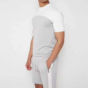 Ensemble décontracté pour homme : T-shirt à manches courtes col rond bicolore blanc et gris avec short assorti, tricoté, pour entraînement et fitness en extérieur - Product Image 3