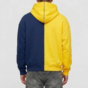 Custom Mens Color Block Hoodie Oversized Fleece Pullover <b>Sweatshirt</b> Yellow <b>Navy</b> Blue Hooded Streetwear Clothing Manufacturer - Product Image 2