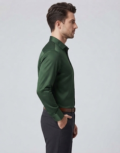 <b>Men's</b> Dark Green <b>Satin</b> Dress <b>Shirt</b> Full Sleeve Solid Turn-down Collar Anti-Wrinkle Formal - Product Image 3