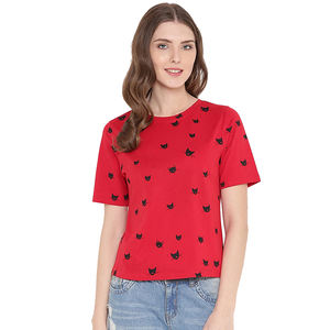 Camisetas Casuales de Verano para Mujer, Cuello Redondo, Color Rojo, 3D, Ecológicas, 100% Algodón, Corte Regular, Teñido Liso, Servicio OEM, Mejor Calidad - Product Image 1