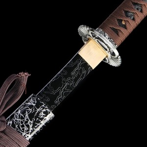 Katana en acier de Damas avec manche en bois et fourreau, lame droite de qualité industrielle - Product Image 2