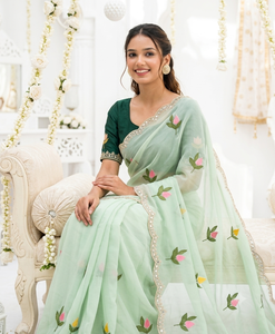 Sari de Rayón Bordado Verde Menta de AARA Fashion, Diseño Floral, Protección Solar, Largo hasta el Suelo, para Mujer, Ropa Tradicional para Bodas - Product Image 3