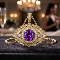 Collier Pendentif Classique Tendance Style Européen en Améthyste Naturelle Plaqué Or 18K, Motif Œil Protecteur, Bijou de Fiançailles