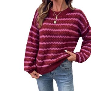 Custom Casual Ribbed Women Sweaters Maroon Striped Round Neck Long Sleeve Comfortable High Quality Cotton Blends <b>Jumpers</b> - Product Image 1