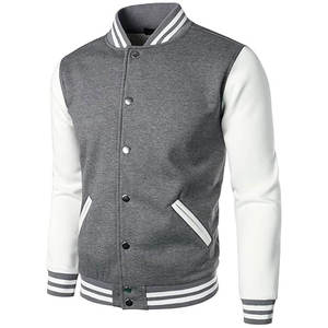 <b>Men</b> Varsity <b>Jacket</b> Gray <b>White</b> PU Sleeve Stand Collar Casual Autumn Regular Fit Polyester Cotton Material Button Closure - Product Image 2