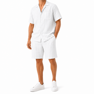 Custom <b>Linen</b> Blend Resort <b>Shirt</b> and Shorts Set 150 GSM Striped Turn-down Collar Breathable Casual Men Vacation Two Piece OEM - Product Image 3