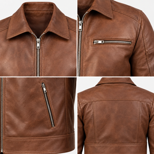Chaqueta de Motociclista para Hombre, de Cuero Genuino Marrón, con Lona, Impermeable, Transpirable, Anti-UV, Resistente al Viento, con Cierre de Cremallera y Cuello Plegable - Product Image 6