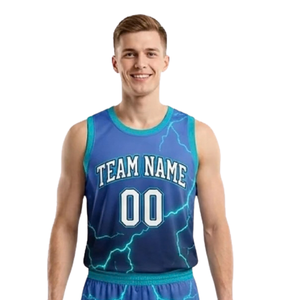 Ensemble short et maillot de basket imprimé éclairs pour homme, sans manches, col en V, bordure contrastante, uniforme de club personnalisé, nom de l'équipe, numéro du joueur - Product Image 3