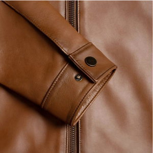 Mens Tan Brown Genuine Leather Streetwear Jacket Band Collar <b>Zip</b> Front Slimfit Minimalist Premium Casual Custom Winter Outerwear - Product Image 5