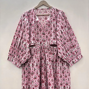 Robe midi décontractée en coton pour femme, manches ballon, taille empire, style babydoll, robe d'été, 100% coton, tunique ample à col en V, motif floral - Product Image 5