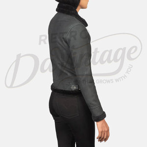 Women Black Distressed Real <b>Leather</b> <b>Jacket</b> Black Faux Fur Trim Slim Fit Premium Sheepskin Winter Biker Outerwear Coat - Product Image 2