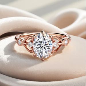 Bague de luxe ovale en moissanite sertie de griffes en argent sterling plaqué or pour elle, cadeau d'anniversaire - Product Image 1