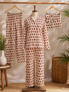 Luxury Maroon Floral Crepe Silk Night Suit Women Long Sleeve Shirt Pajama Set Casual Handmade Masterpiece Sleepwear <b>Gift</b> Set - Product Image 4