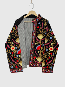 Veste en velours brodée de fleurs, col mandarin, manches longues, grande taille, style Prairie Chic pour femmes, style automne - Product Image 4