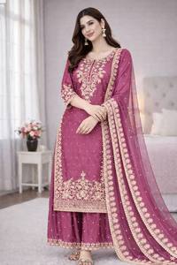Women Traditional Indian Pakistani Wedding Floor-Length Embroidered Needle-Detecting Salwar <b>Suit</b> Set Polyester Regular Fit All - Product Image 1