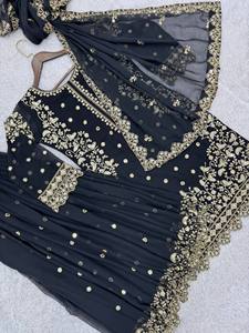 Modern Black Indo Western Georgette Short <b>Tunic</b> with Statement Flared Bottoms Contemporary Fusion Evening Wear 3-Piece - Product Image 1