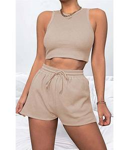 Conjunto Deportivo para Mujer, Top Corto Acanalado Transpirable y Pantalones Cortos Deportivos Elásticos, Ropa de Entrenamiento - Product Image 3