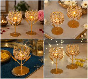 Luxury Gold Crystal Lotus <b>Tealight</b> <b>Candle</b> Holder Decorative Metal <b>Candle</b> Stand Elegant Home, Wedding, Diwali & Table Centerpiece - Product Image 3