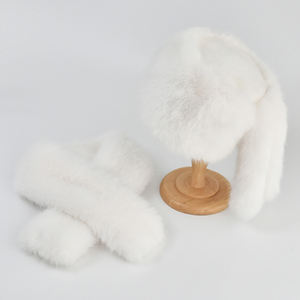 Custom Winter Faux Fur <b>Hat</b> Scarf Set Warm <b>Women</b> Flat <b>Top</b> Bucket Caps With Two Tails Caps Scarves Wholesale - Product Image 4