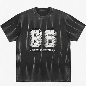 T-shirt à manches courtes pour homme, col rond, coupe ample, logo tricoté sur le devant, 100% polyester, lavage à l'acide, décontracté, noir, à motifs, qualité supérieure - Product Image 1
