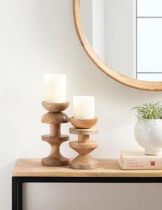 Modern Two-Piece <b>Candle</b> Holder <b>Set</b>, 4 x 4 x 9, Natural Brown, Contemporary Totem Mango Wood Pillar <b>Candle</b> Holders - Product Image 3