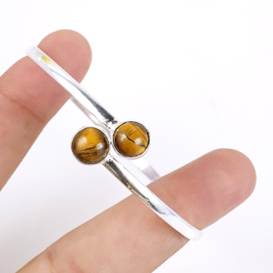Wholesale Handmade 925 Sterling Silver Plated Natural Tiger Eye Gemstone Two <b>Stone</b> Round Cabochon Bypass Bangle <b>Bracelet</b> Elegant - Product Image 1