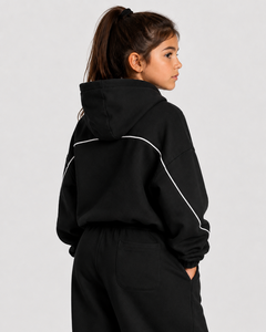 Sudadera con capucha negra para niña con línea de contraste, informal, holgada, transpirable, de forro polar premium, tipo jersey, al por mayor - Product Image 2