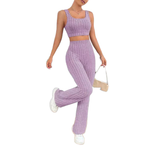 Custom Logo Ribbed <b>Knit</b> Women's <b>Sets</b> 2 Piece Outfits High Waist Flare Pants and Crop Top Lounge Wear Slim Fit Tracksuits - Product Image 1