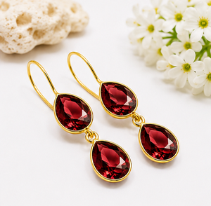 Red Garnet Pear Drop <b>Earrings</b>, 925 Sterling <b>Silver</b> Gold Plated <b>Earrings</b>, Dangle Gemstone <b>Earrings</b>, January Birthstone Gift for W - Product Image 2