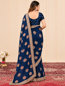 Sari en velours satiné émeraude Vexotrend avec broderie florale, style indien et pakistanais, infroissable, pour femme, tenue de mariage traditionnelle - Product Image 4