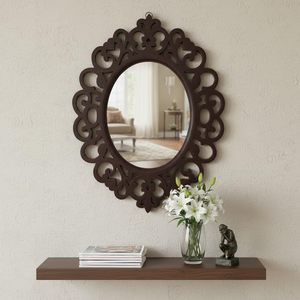 Miroir mural ovale en bois artisanal, cadre sculpté décoratif, miroir d'appoint vintage brun - Product Image 5