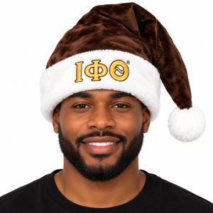 Chapeau de Père Noël en peluche marron et blanc pour homme iota-phi-theta avec logo en lettres grecques brodé or, fausse fourrure douce, Noël, vacances d'hiver - Product Image 1